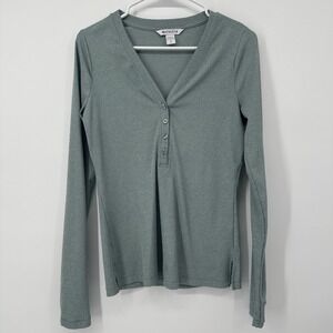Athleta Uptempo Ribbed Henley Long Sleeve Shirt Womens Size Small Green Top